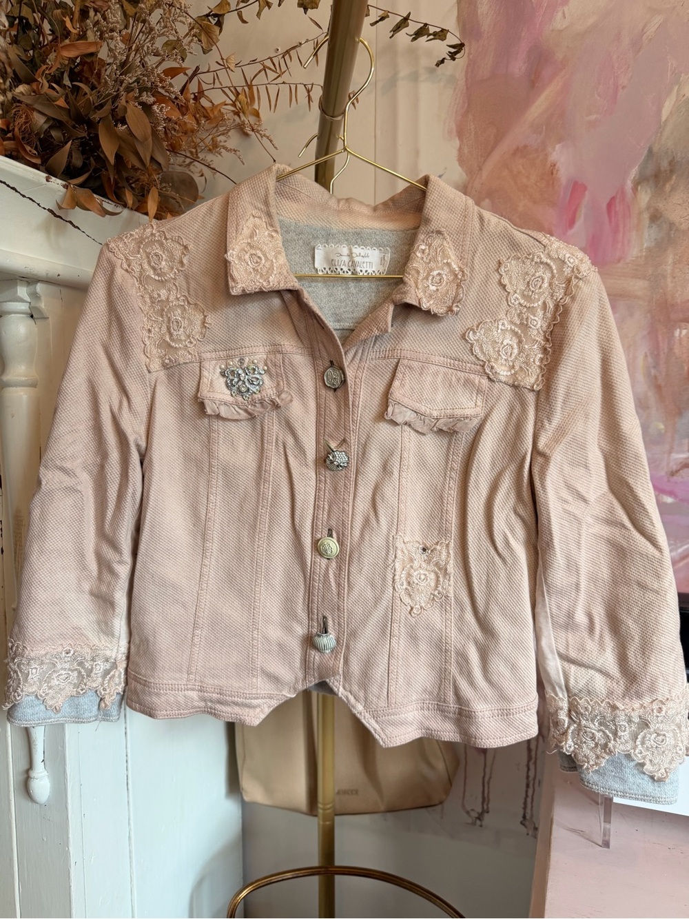 Elisa Cavaletti Blush Pink Embroidered Jean Jacket